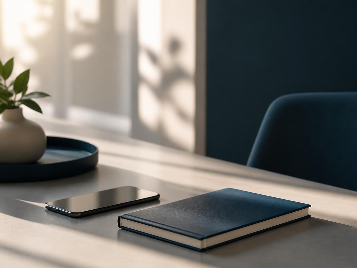 Ambiente de trabalho tranquilo com caderno e celular sobre a mesa